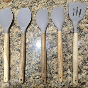 Clay Colored Silicone Kitchen Utensil Set with Wooden Handles